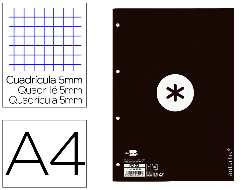 RECAMBIO ANTARTIK A4 80 HOJAS 90GR CUADRO 5 MM 4 TALADROS 1 BANDA MARCO COLOR NEGRO