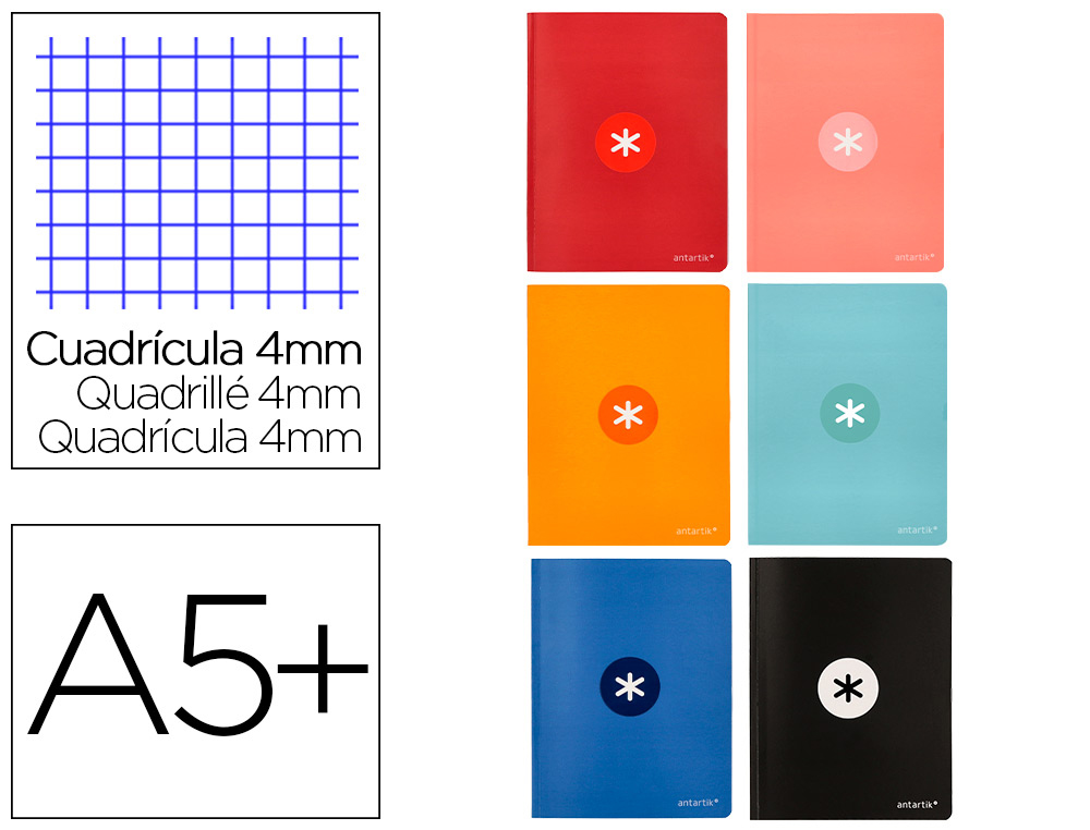 LIBRETA ANTARTIK A5+ PLUS COSIDA 48 HOJAS 90GR CUADRO 4MM CON MARGEN 6 COLORES SURTIDOS