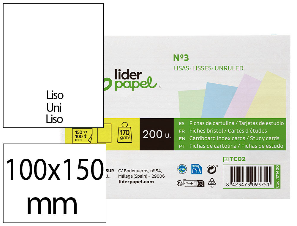 TARJETA LIDERPAPEL PARA ESTUDIAR LISA CARTULINA DE COLORES 170GR 100X150MM PAQUETE DE 200 UNIDADES