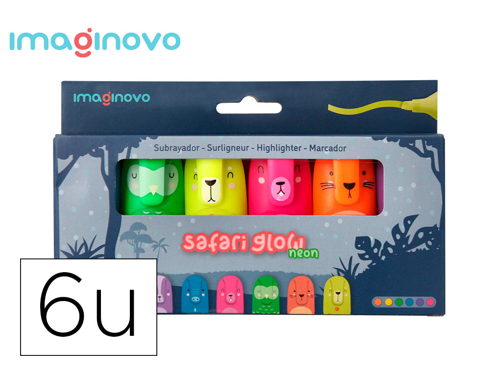 ROTULADOR IMAGINOVO FLUORESCENTE SAFARI GLOW NEON ANIMALES Y CLIP CAJA DE 6 UNIDADES SURTIDAS