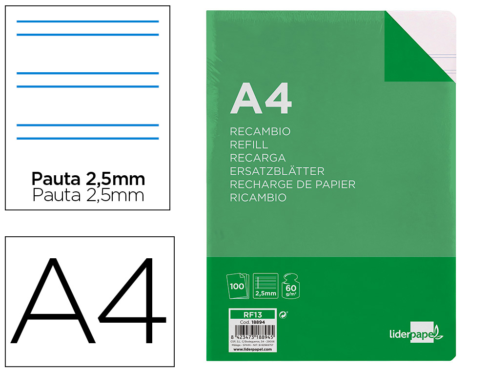 RECAMBIO LIDERPAPEL FOLIO 100 HOJAS 60GR PAUTA 5ª 2.5MM CON MARGEN 16 TALADROS