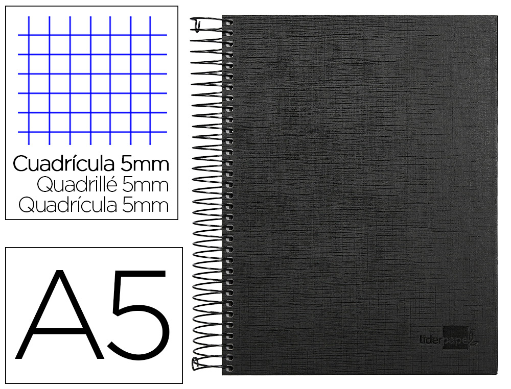 CUADERNO ESPIRAL LIDERPAPEL A5 MICRO PAPERCOAT TAPA FORRADA 140H 75GR CUADRO5MM 5 BANDA S 6 TALADROS NEGRO