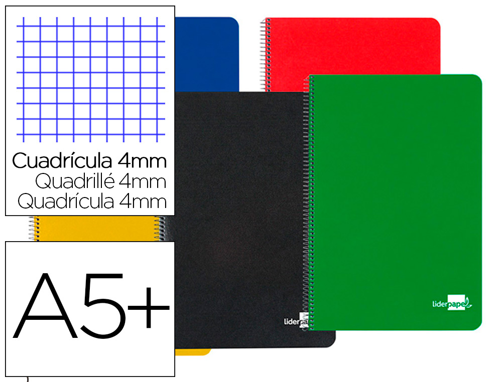 CUADERNO ESPIRAL LIDERPAPEL CUARTO TAPA DURA 80H 75GR CUADRO 4MM CON MARGEN COLORES SURTIDOS