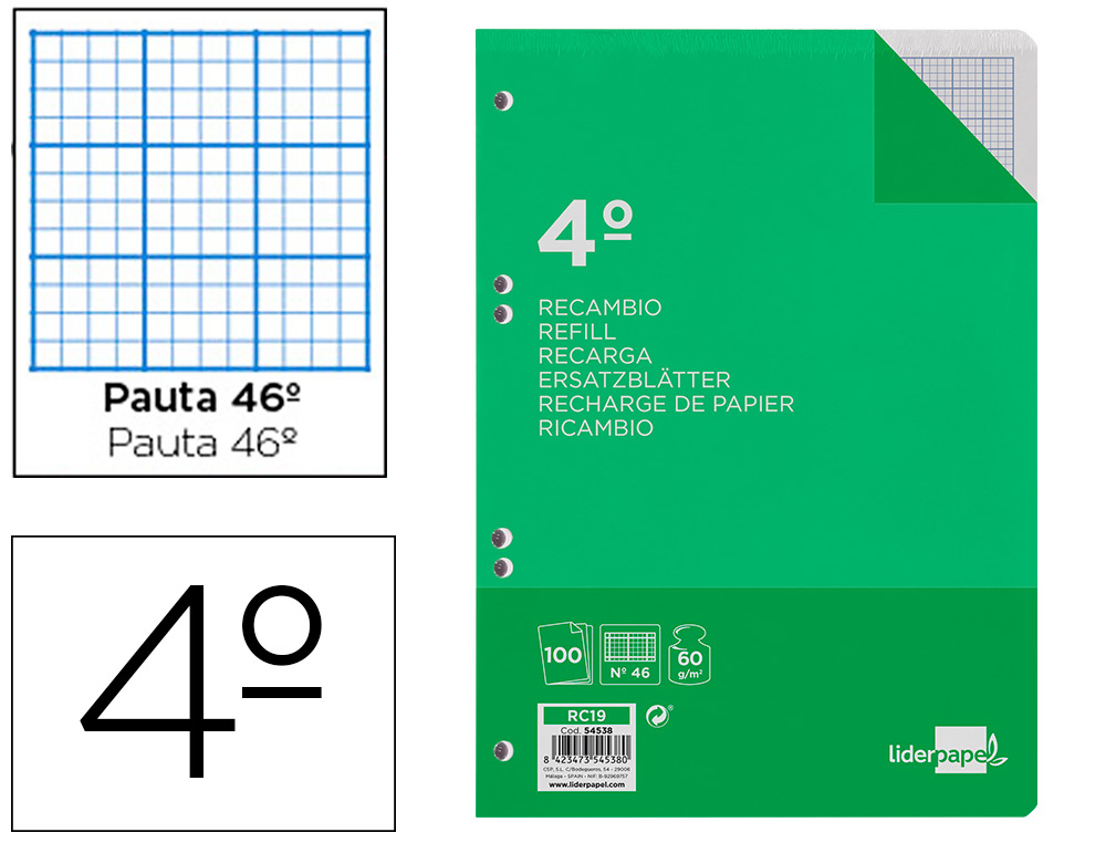 RECAMBIO LIDERPAPEL CUARTO 100 HOJAS 60GR RAYADO N 46 6 TALADROS