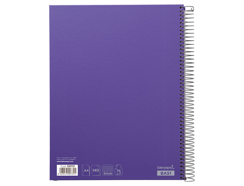 CUADERNO ESPIRAL LIDERPAPEL A4 MICRO JOLLY TAPA FORRADA 140H 75 GR CUADRO 5MM 5 BANDAS 4 TALADROS COLOR LILA