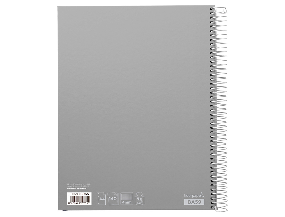 CUADERNO ESPIRAL LIDERPAPEL A4 MICRO JOLLY TAPA FORRADA 140H 75GR CUADRO 4MM 5 BANDAS 4 TALADROS COLORES SURTIDOS