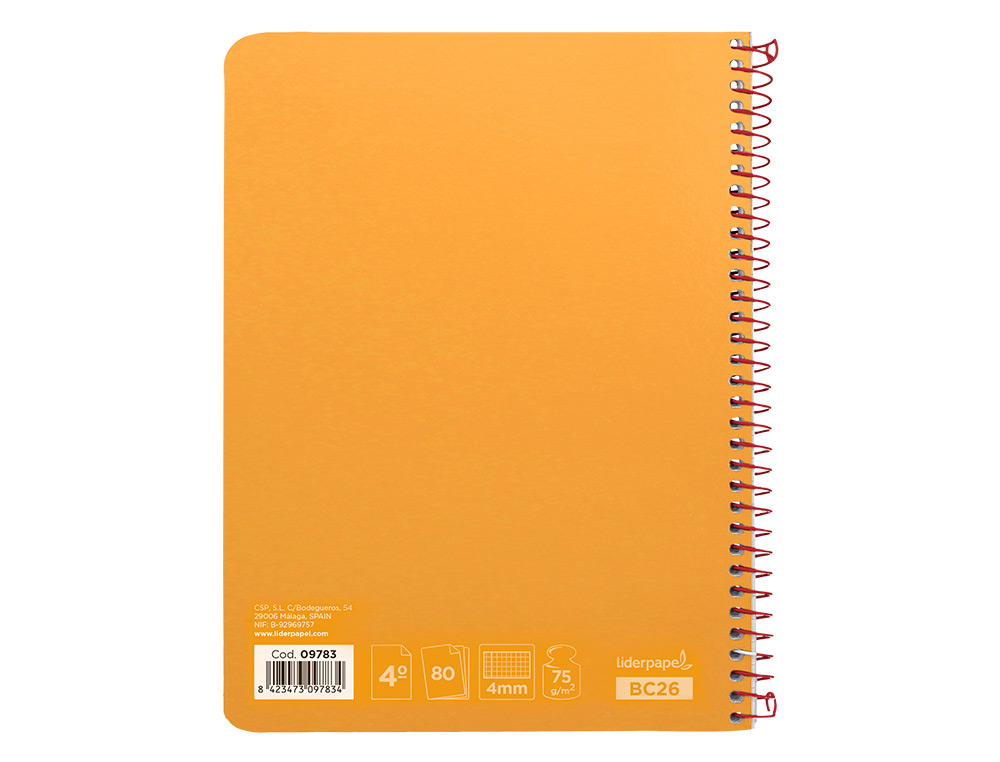 CUADERNO ESPIRAL LIDERPAPEL CUARTO WITTY TAPA DURA 80H 75GR CUADRO 4MM CON MARGEN COLOR NARANJA
