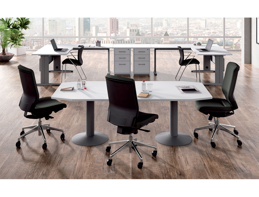 MESA DE REUNION ROCADA MEETING 3003ATW04 ESTRUCTURA COLUMNA DOBLE ACERO BLANCO TABLERO MADERA BLANCO