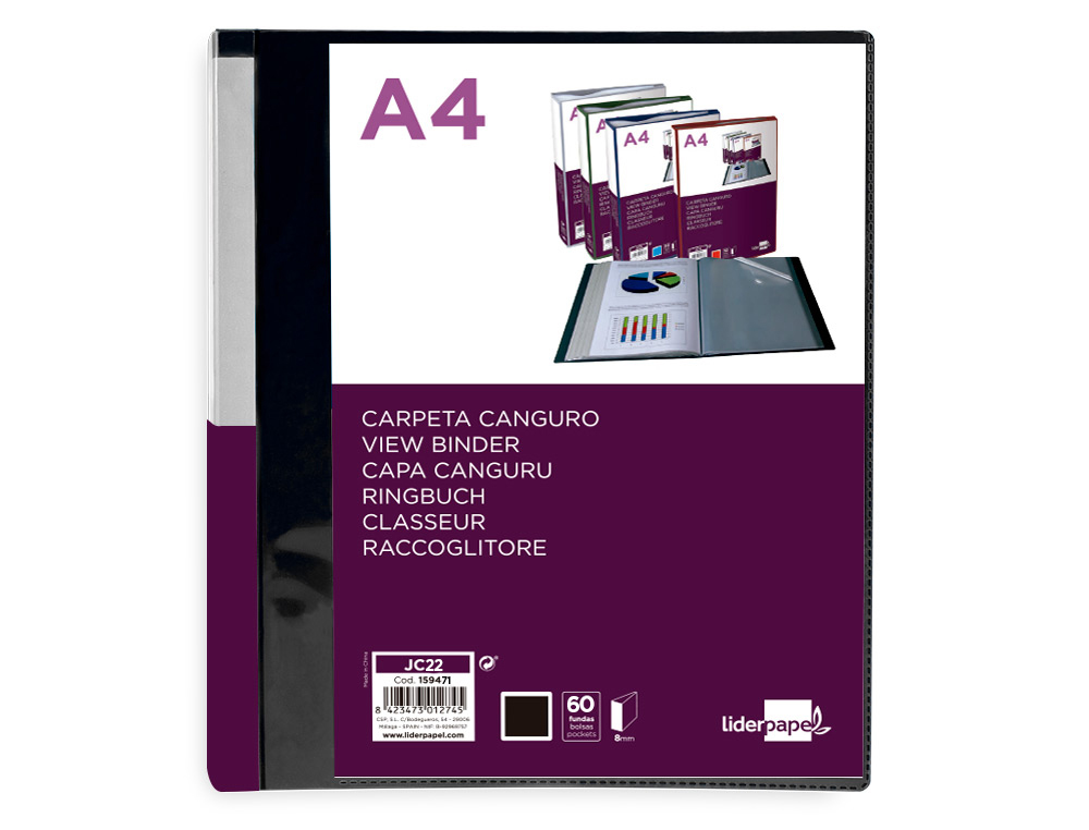 CARPETA LIDERPAPEL 60 FUNDAS CANGURO PP DIN A4 NEGRO OPACO PORTADA Y LOMO PERSONALIZABLE