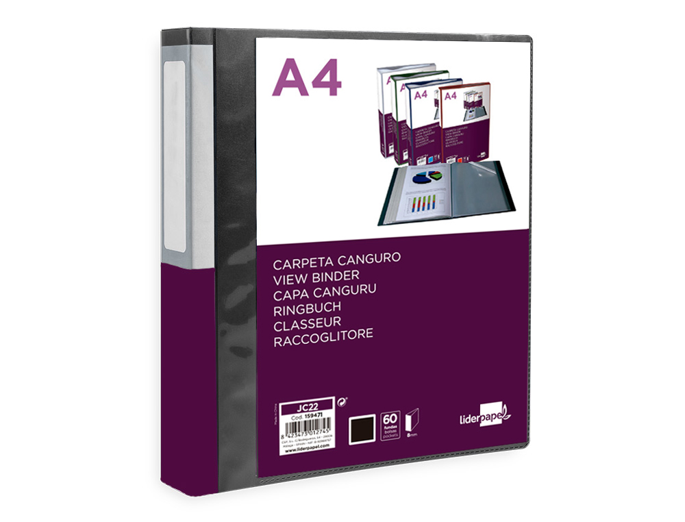 CARPETA LIDERPAPEL 60 FUNDAS CANGURO PP DIN A4 NEGRO OPACO PORTADA Y LOMO PERSONALIZABLE