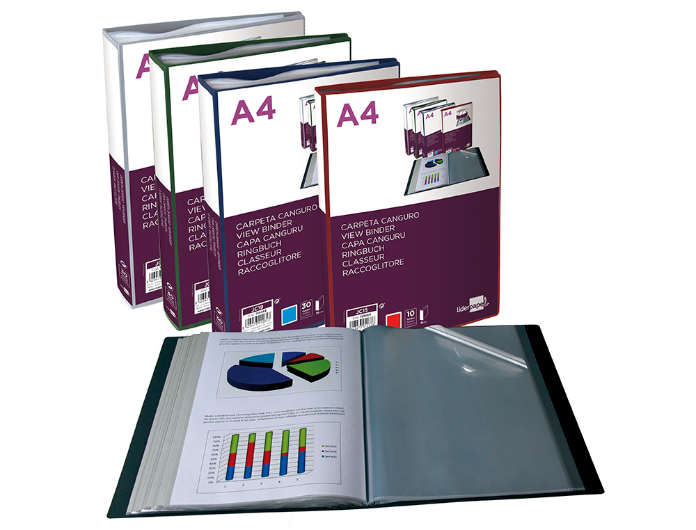 CARPETA LIDERPAPEL 60 FUNDAS CANGURO PP DIN A4 NEGRO OPACO PORTADA Y LOMO PERSONALIZABLE