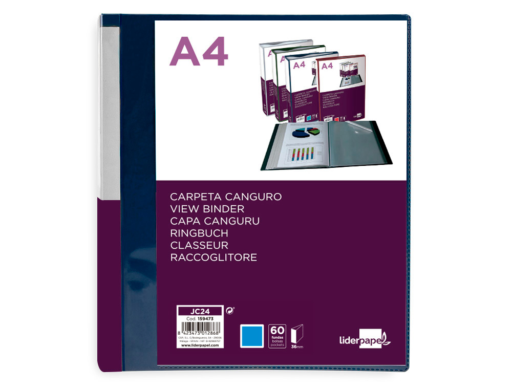 CARPETA LIDERPAPEL 60 FUNDAS CANGURO PP DIN A4 AZUL TRANSLUCIDO PORTADA Y LOMO PERSONALIZABLE