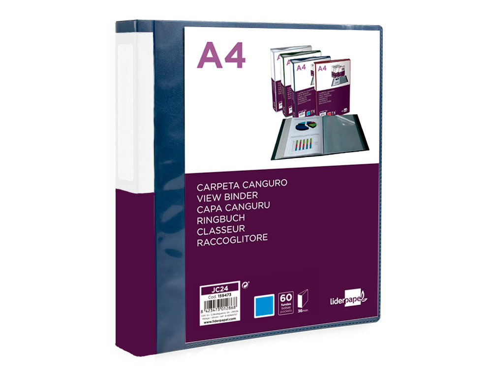 CARPETA LIDERPAPEL 60 FUNDAS CANGURO PP DIN A4 AZUL TRANSLUCIDO PORTADA Y LOMO PERSONALIZABLE