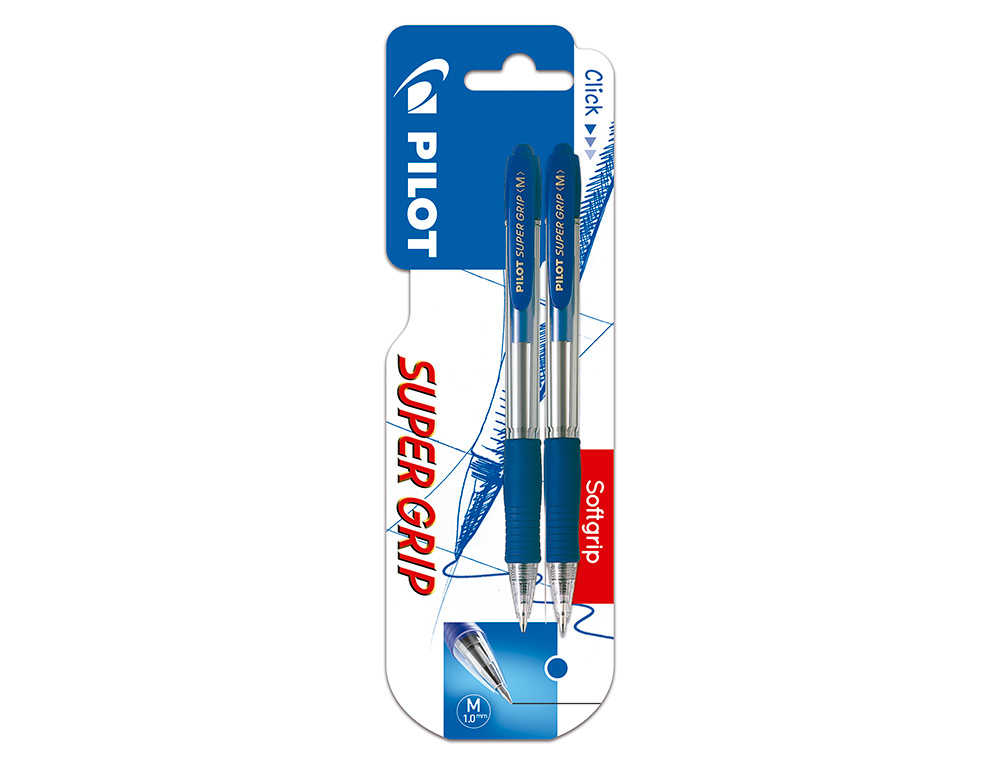 BOLIGRAFO PILOT SUPER GRIP AZUL RETRACTIL SUJECION DE CAUCHO TINTA BASE DE ACEITE EN BLISTER DE 2 UNIDADES