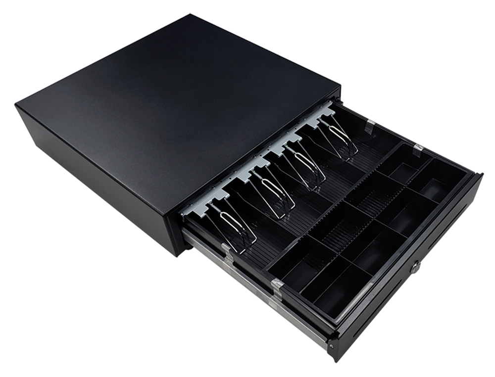 CAJON PORTAMONEDAS 8 MONEDEROS 4 BILLETEROS APERTURA MANUAL Y LLAVE COLOR NEGRO 410X415X110 MM