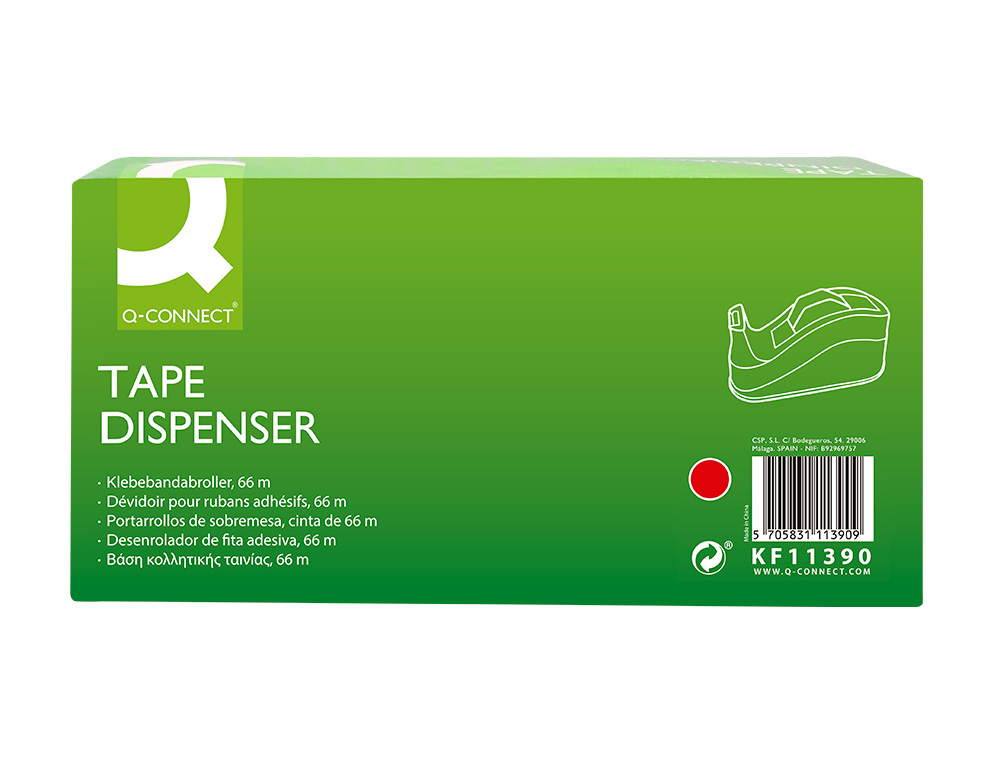PORTARROLLO SOBREMESA Q-CONNECT PLASTICO PARA CINTAS DE 66 MT COLOR ROJO 220X100X70 MM