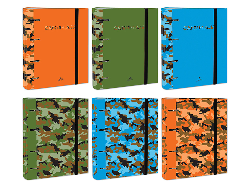 CARPETA DE 4 ANILLAS DE 40 MM MIXTAS CARTON FORRADO FOLIO COLORES SURTIDOS CAMUFLAJE 6 DISEÑOS