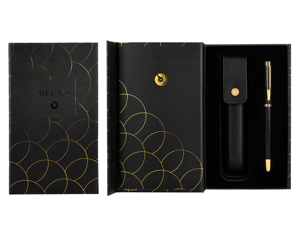PLUMA Y ESTUCHE CUERO BELIUS PASSION DOR ALUMINIO TEXTURA CEPILLADA COLOR NEGRO Y DORADO TINTA AZUL CAJA DISEÑO