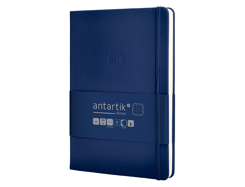 CUADERNO CON GOMILLA ANTARTIK NOTES TAPA DURA A5 HOJAS PUNTOS AZUL MARINO 100 HOJAS 80 GR FSC