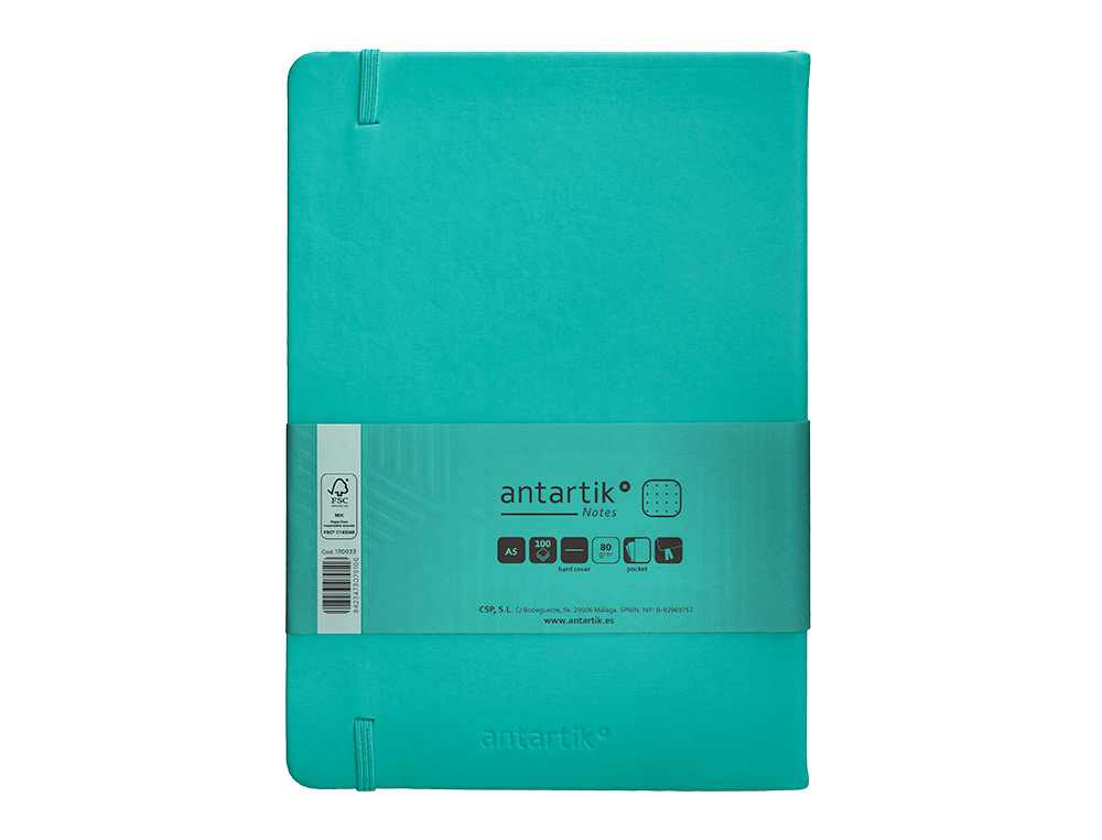 CUADERNO CON GOMILLA ANTARTIK NOTES TAPA DURA A5 HOJAS PUNTOS TURQUESA 100 HOJAS 80 GR FSC