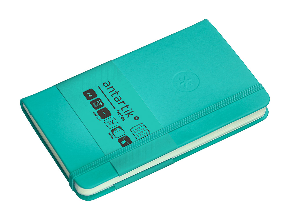 CUADERNO CON GOMILLA ANTARTIK NOTES TAPA DURA A6 HOJAS CUADRICULA TURQUESA 100 HOJAS 80 GR FSC