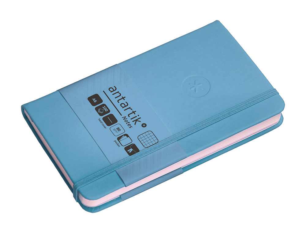 CUADERNO CON GOMILLA ANTARTIK NOTES TAPA DURA A6 HOJAS CUADRICULA AZUL CLARO 100 HOJAS 80 GR FSC