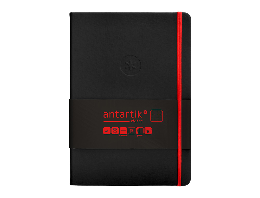 CUADERNO CON GOMILLA ANTARTIK NOTES TAPA DURA A5 HOJAS PUNTOS NEGRO Y ROJO 100 HOJAS 80 GR FSC