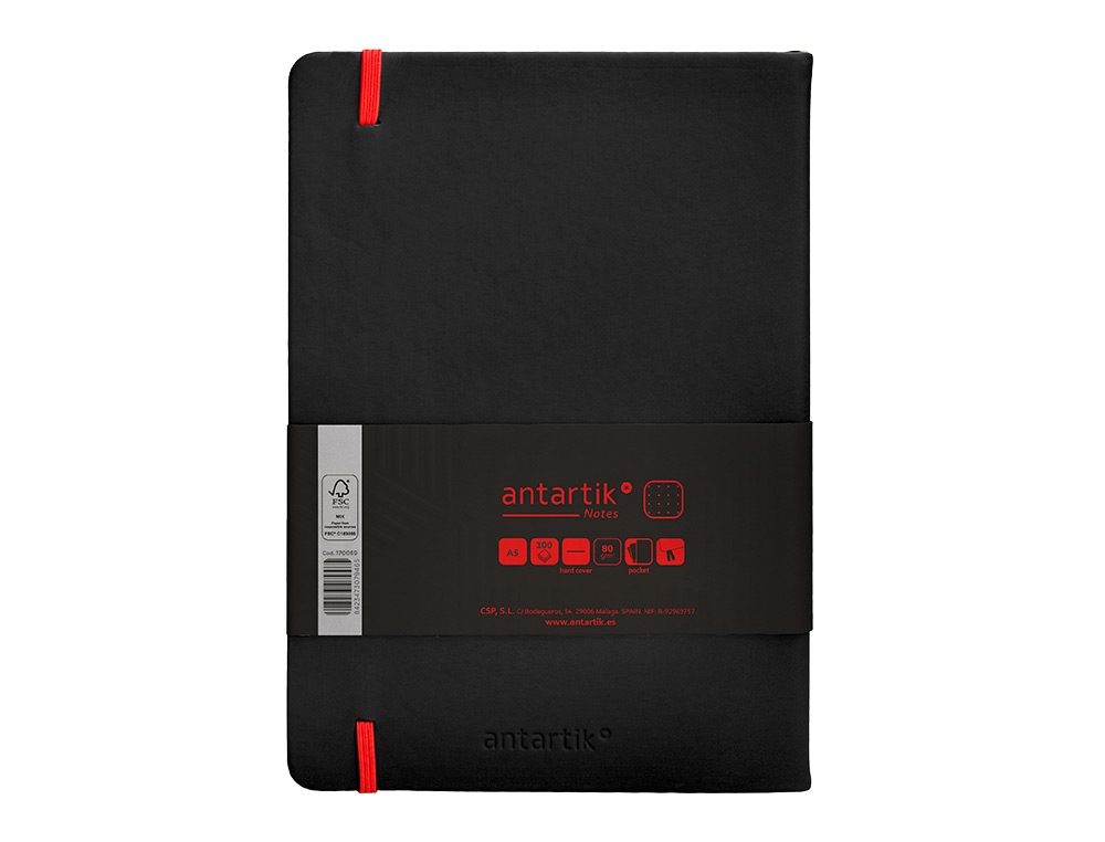 CUADERNO CON GOMILLA ANTARTIK NOTES TAPA DURA A5 HOJAS PUNTOS NEGRO Y ROJO 100 HOJAS 80 GR FSC