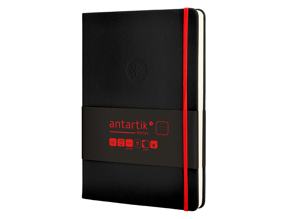 CUADERNO CON GOMILLA ANTARTIK NOTES TAPA DURA A5 HOJAS PUNTOS NEGRO Y ROJO 100 HOJAS 80 GR FSC