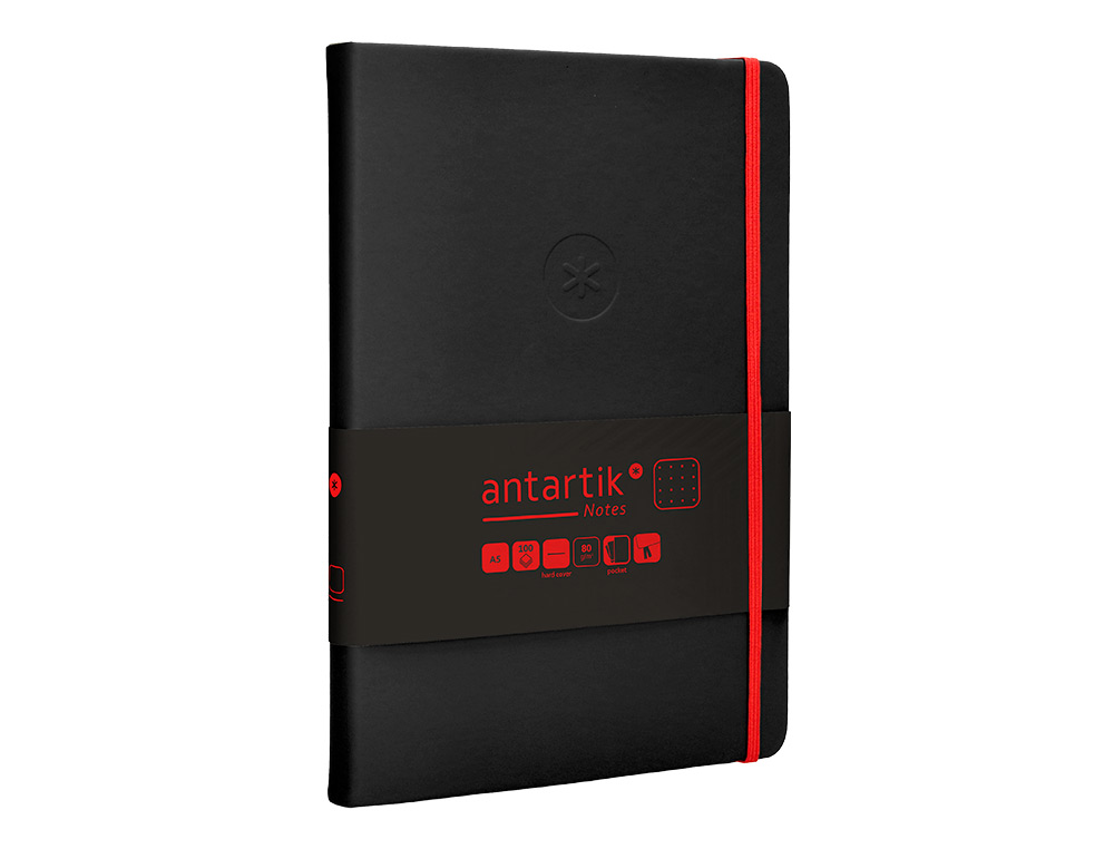 CUADERNO CON GOMILLA ANTARTIK NOTES TAPA DURA A5 HOJAS PUNTOS NEGRO Y ROJO 100 HOJAS 80 GR FSC