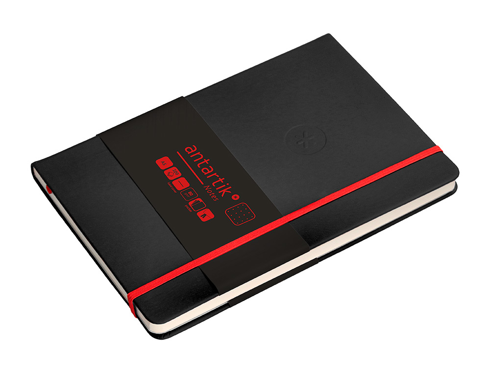 CUADERNO CON GOMILLA ANTARTIK NOTES TAPA DURA A5 HOJAS PUNTOS NEGRO Y ROJO 100 HOJAS 80 GR FSC