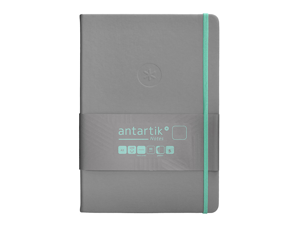 CUADERNO CON GOMILLA ANTARTIK NOTES TAPA DURA A5 HOJAS LISAS GRIS Y TURQUESA 100 HOJAS 80 GR FSC