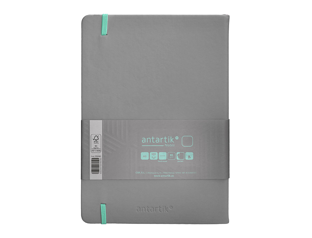 CUADERNO CON GOMILLA ANTARTIK NOTES TAPA DURA A5 HOJAS LISAS GRIS Y TURQUESA 100 HOJAS 80 GR FSC