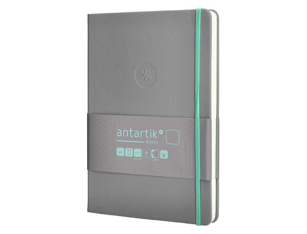 CUADERNO CON GOMILLA ANTARTIK NOTES TAPA DURA A5 HOJAS LISAS GRIS Y TURQUESA 100 HOJAS 80 GR FSC