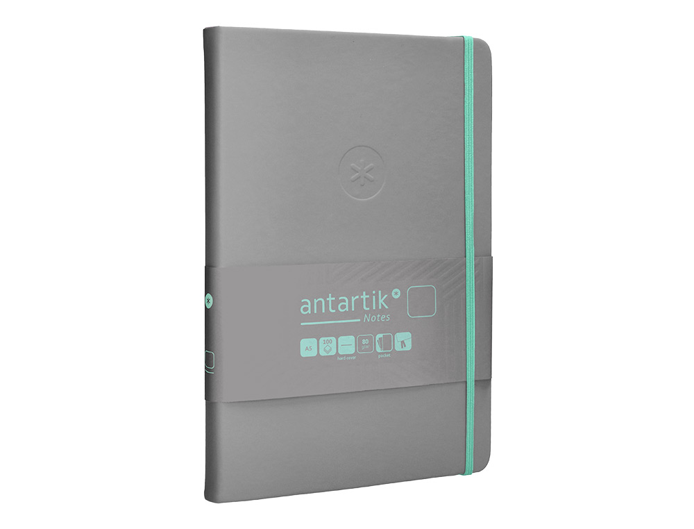 CUADERNO CON GOMILLA ANTARTIK NOTES TAPA DURA A5 HOJAS LISAS GRIS Y TURQUESA 100 HOJAS 80 GR FSC