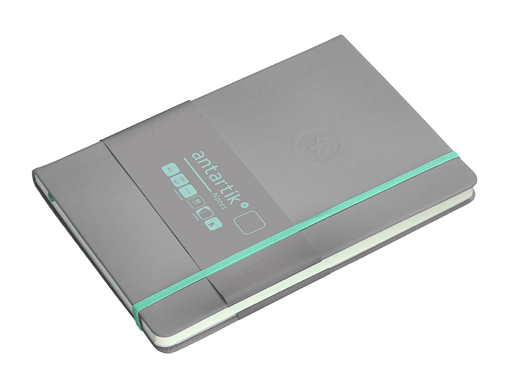 CUADERNO CON GOMILLA ANTARTIK NOTES TAPA DURA A5 HOJAS LISAS GRIS Y TURQUESA 100 HOJAS 80 GR FSC
