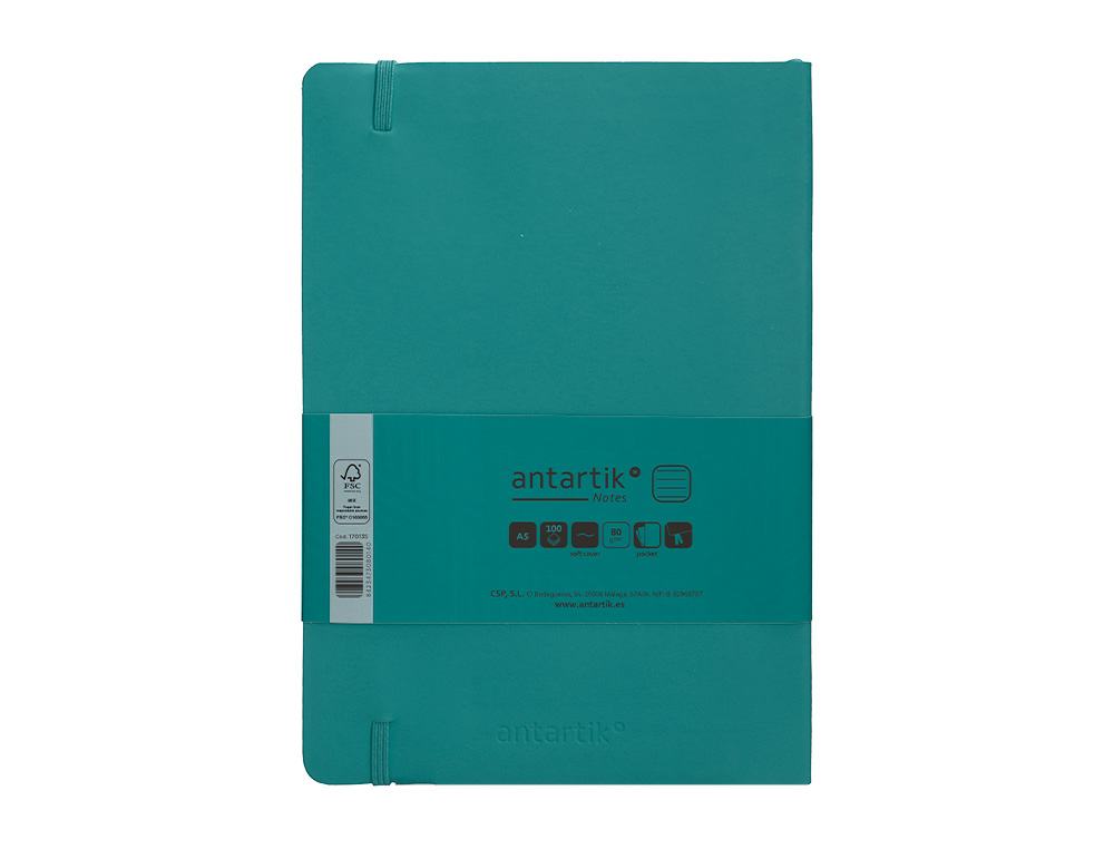 CUADERNO CON GOMILLA ANTARTIK NOTES TAPA BLANDA A5 HOJAS RAYAS VERDE AGUAMARINA 80 HOJAS 80 GR FSC