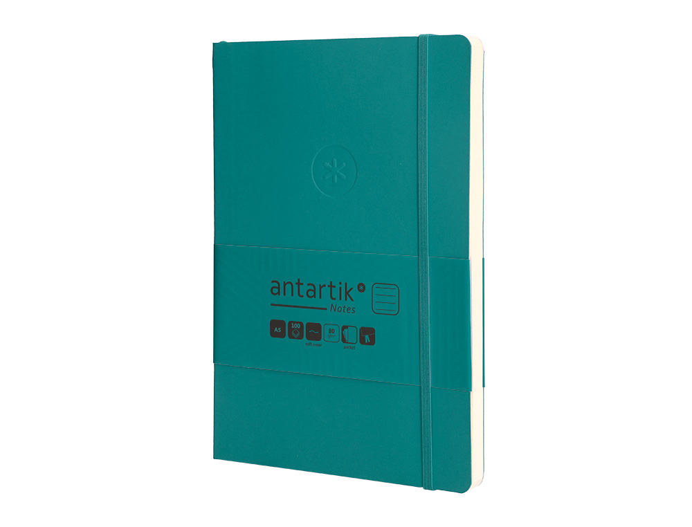 CUADERNO CON GOMILLA ANTARTIK NOTES TAPA BLANDA A5 HOJAS RAYAS VERDE AGUAMARINA 80 HOJAS 80 GR FSC