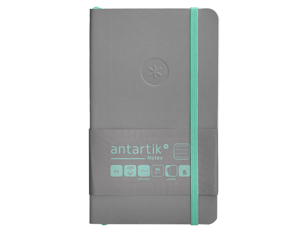 CUADERNO CON GOMILLA ANTARTIK NOTES TAPA BLANDA A6 RAYAS GRIS Y TURQUESA 100 HOJAS 80 GR FSC