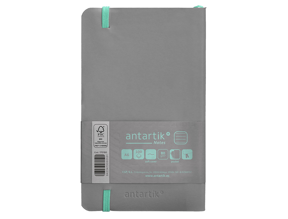 CUADERNO CON GOMILLA ANTARTIK NOTES TAPA BLANDA A6 RAYAS GRIS Y TURQUESA 100 HOJAS 80 GR FSC