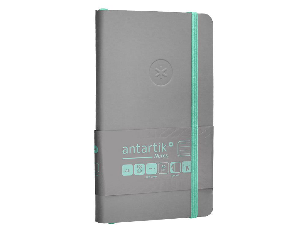 CUADERNO CON GOMILLA ANTARTIK NOTES TAPA BLANDA A6 RAYAS GRIS Y TURQUESA 100 HOJAS 80 GR FSC