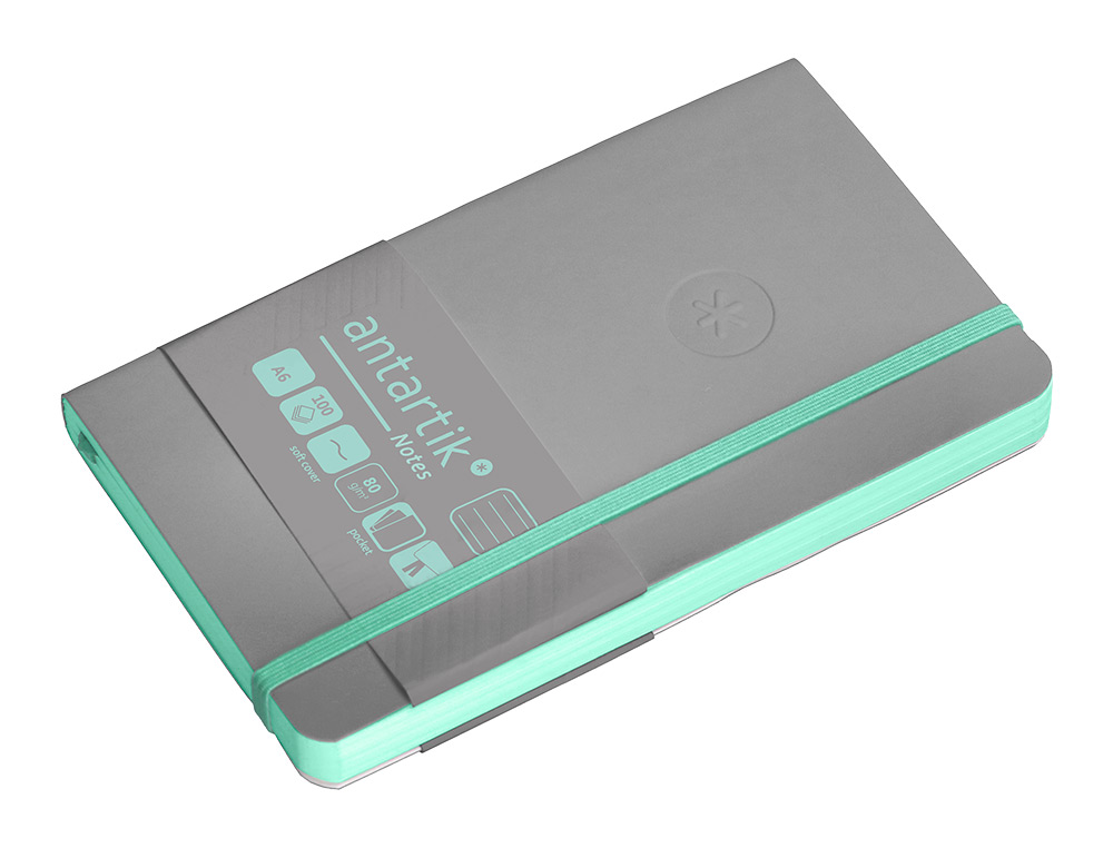 CUADERNO CON GOMILLA ANTARTIK NOTES TAPA BLANDA A6 RAYAS GRIS Y TURQUESA 100 HOJAS 80 GR FSC