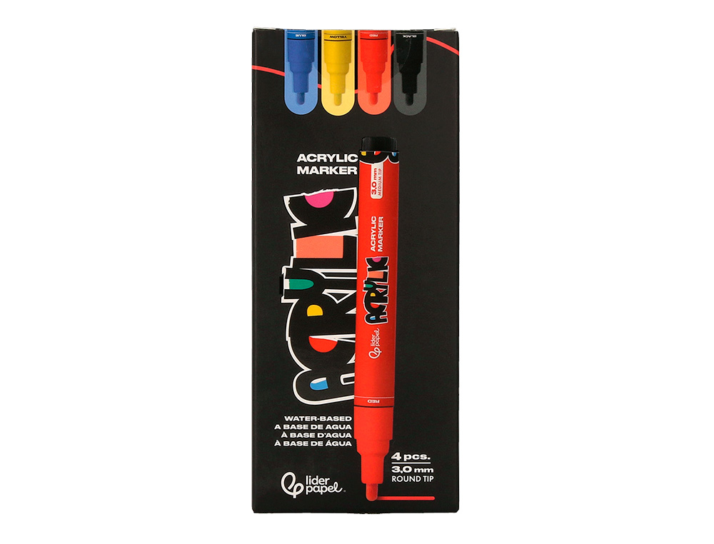 ROTULADOR LIDERPAPEL ACRYLIC BASE AGUA TODO TIPO DE SUPERFICIE PUNTA REDONDA 3 MM CAJA DE 4 UNIDADES COLORES BASICOS