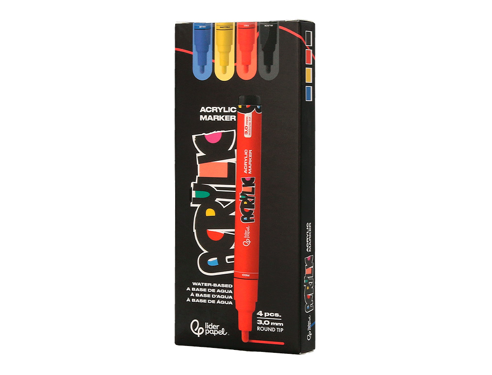 ROTULADOR LIDERPAPEL ACRYLIC BASE AGUA TODO TIPO DE SUPERFICIE PUNTA REDONDA 3 MM CAJA DE 4 UNIDADES COLORES BASICOS