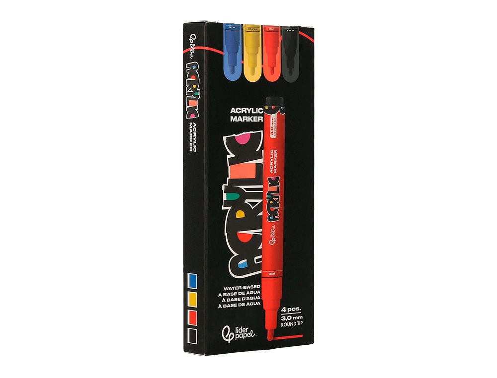 ROTULADOR LIDERPAPEL ACRYLIC BASE AGUA TODO TIPO DE SUPERFICIE PUNTA REDONDA 3 MM CAJA DE 4 UNIDADES COLORES BASICOS