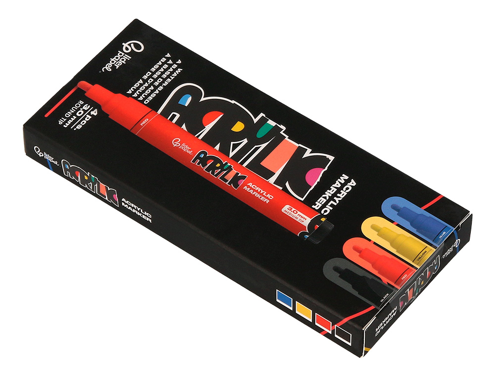 ROTULADOR LIDERPAPEL ACRYLIC BASE AGUA TODO TIPO DE SUPERFICIE PUNTA REDONDA 3 MM CAJA DE 4 UNIDADES COLORES BASICOS