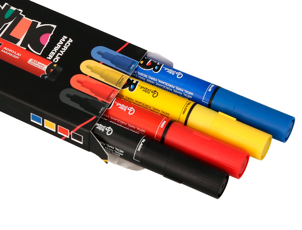 ROTULADOR LIDERPAPEL ACRYLIC BASE AGUA TODO TIPO DE SUPERFICIE PUNTA REDONDA 3 MM CAJA DE 4 UNIDADES COLORES BASICOS