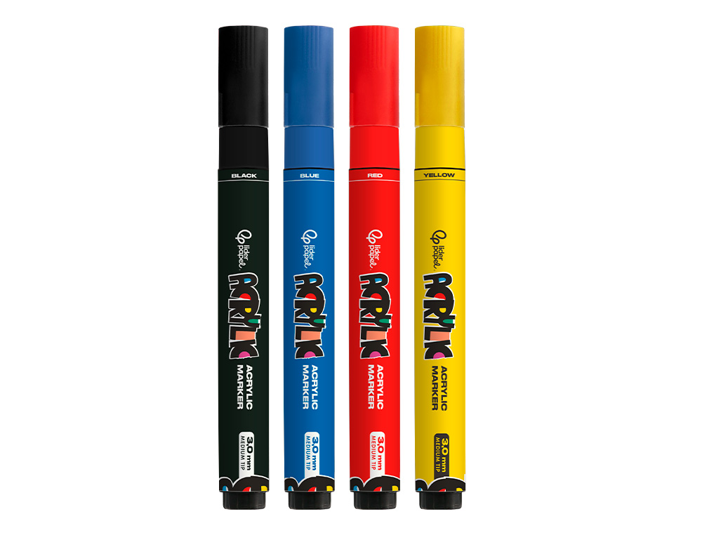 ROTULADOR LIDERPAPEL ACRYLIC BASE AGUA TODO TIPO DE SUPERFICIE PUNTA REDONDA 3 MM CAJA DE 4 UNIDADES COLORES BASICOS