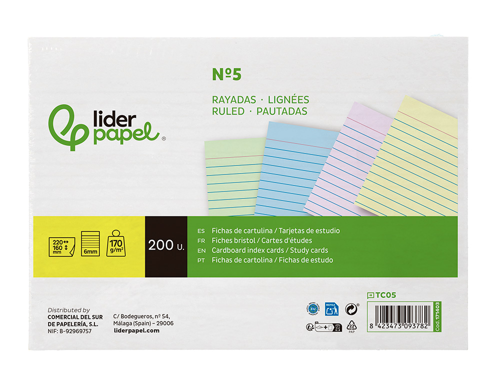 TARJETA LIDERPAPEL PARA ESTUDIAR RAYADA CARTULINA DE COLORES 170GR 160X220MM PAQUETE DE 200 UNIDADES