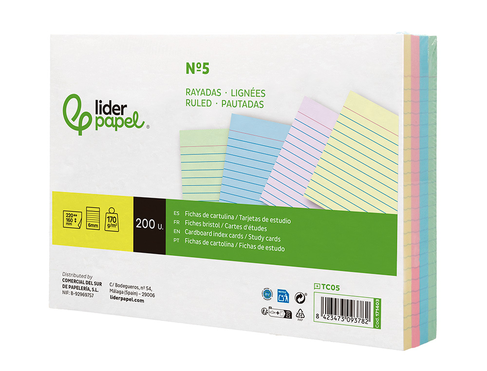 TARJETA LIDERPAPEL PARA ESTUDIAR RAYADA CARTULINA DE COLORES 170GR 160X220MM PAQUETE DE 200 UNIDADES